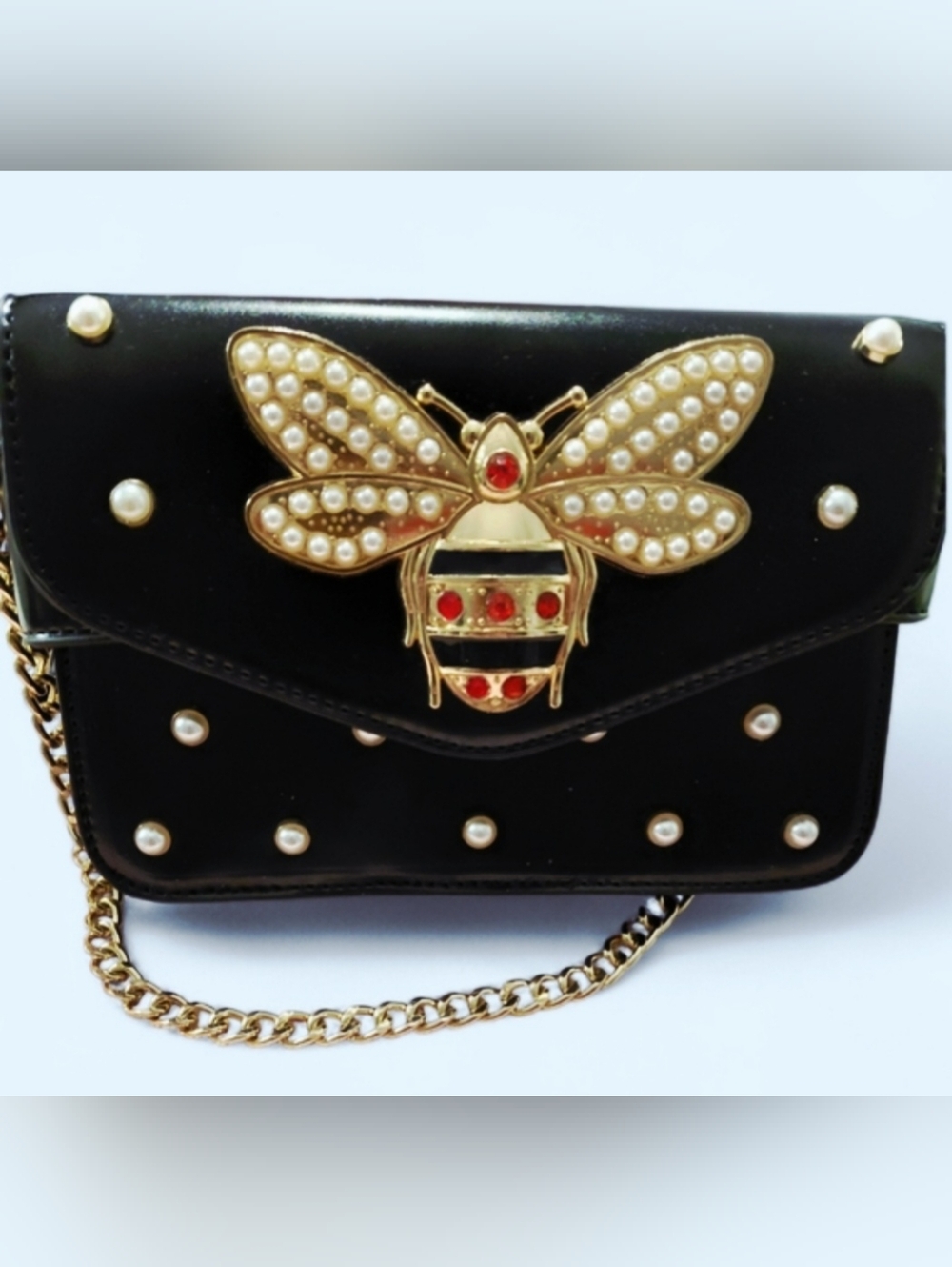 Beatful Black Embellished Purse with Gold Bee & Pearl Accents